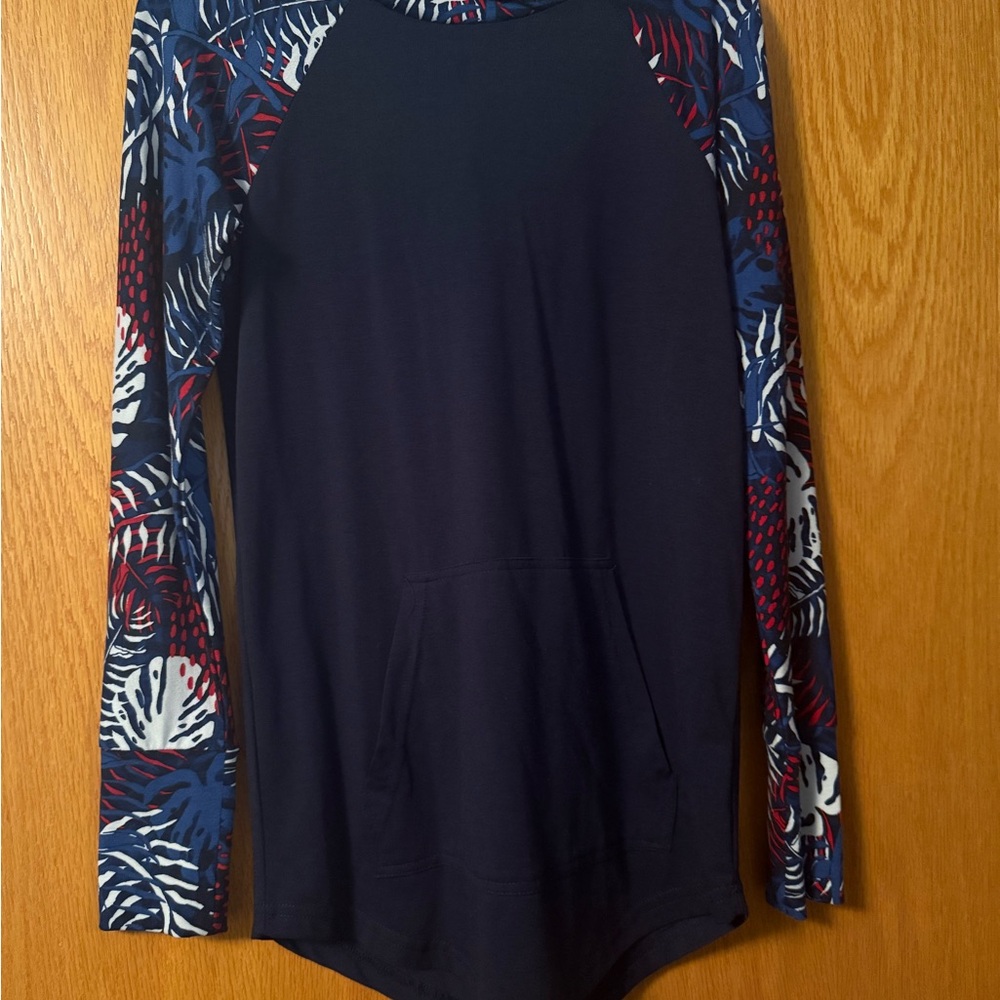 LuLaRoe Navy Top with Red and White Patterned Sleeves